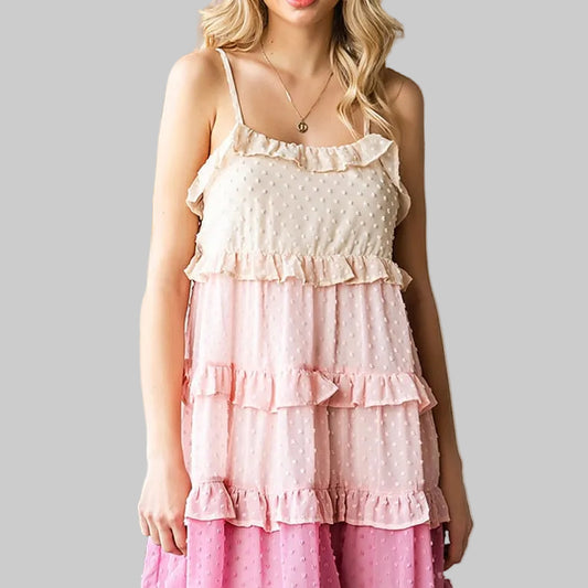 Tiered Ruffle Color Block Mini Dress in Pink Ombre - Spaghetti Straps Ruffle Neckline Tiered Skirt Sizes XS-XL | The Pretty Pistol