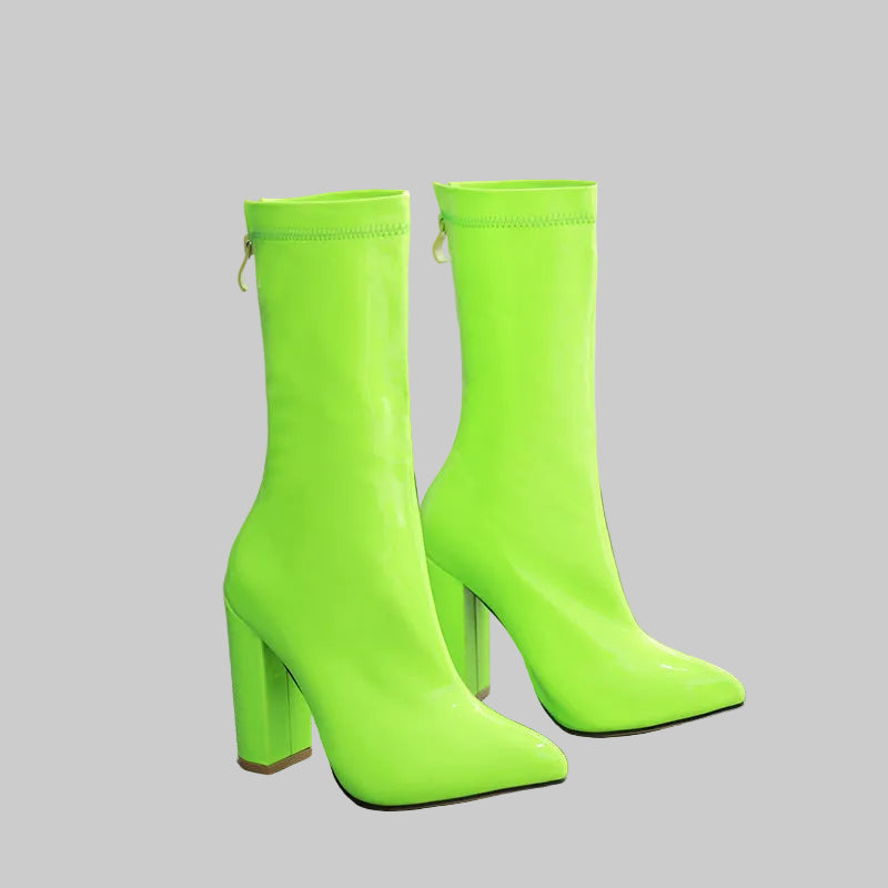 Candy Color Chunky Heel Mid-Calf Boots Neon Green - Glossy Patent PU Stretch Sock Fit Back Zip Pointed Toe 11cm Block Heel Sizes 5-10 | The Pretty Pistol