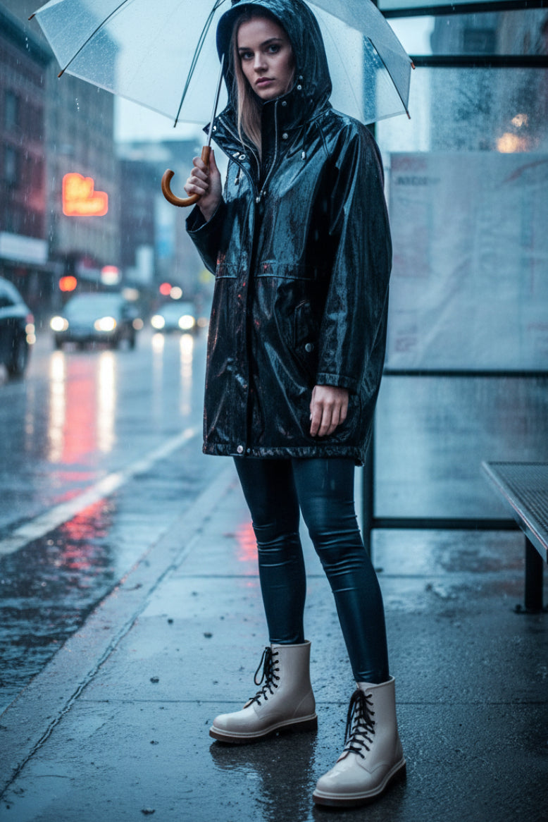 Lace-Up Jelly Rain Boots in Beige - PVC Waterproof Combat Lug Sole Flat Heel Sizes 4-10 | The Pretty Pistol
