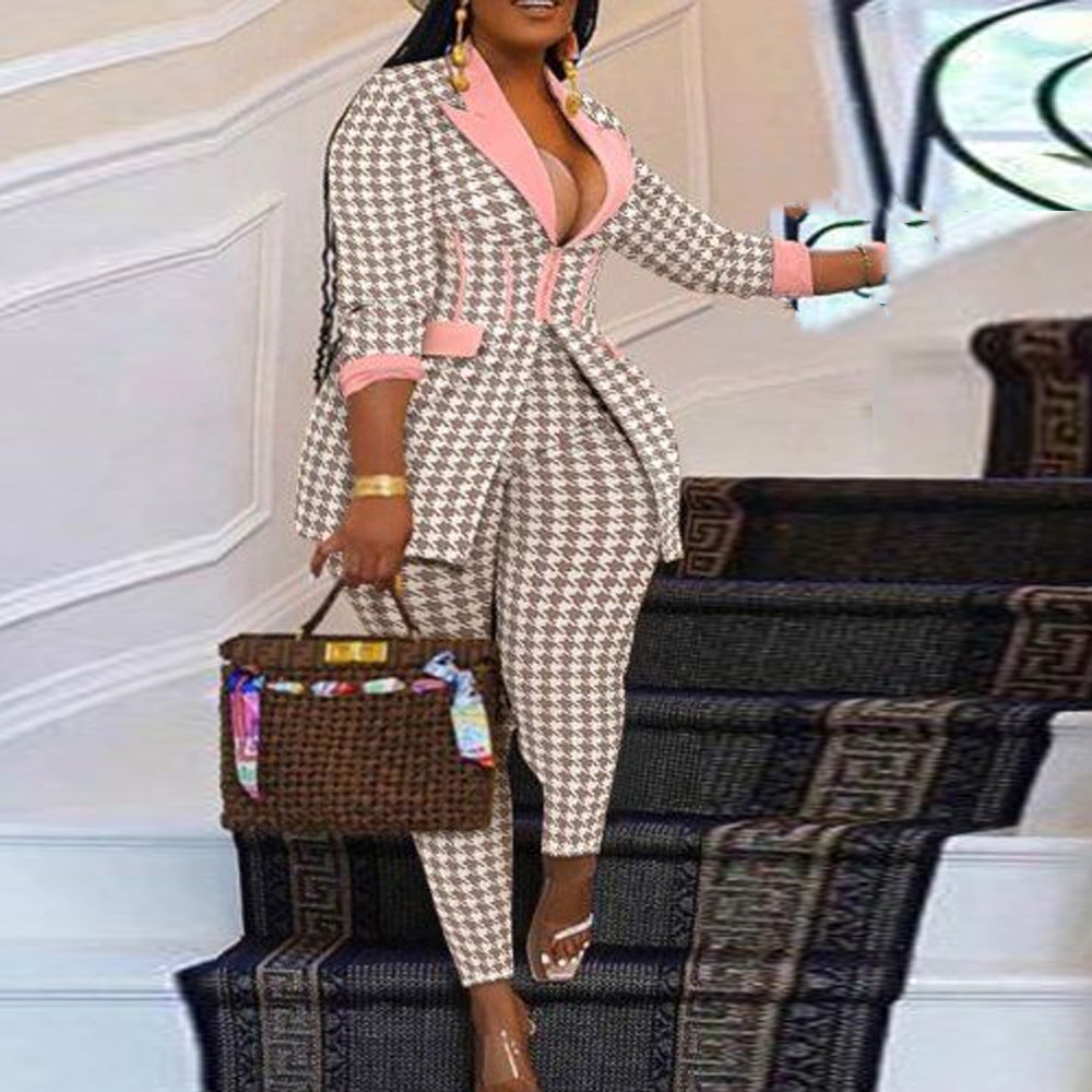 Chic Plus Size Houndstooth Suit Set