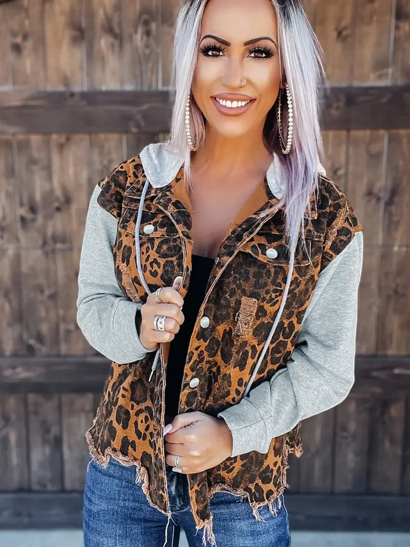 Leopard Ripped Hooded Denim Jacket for Women