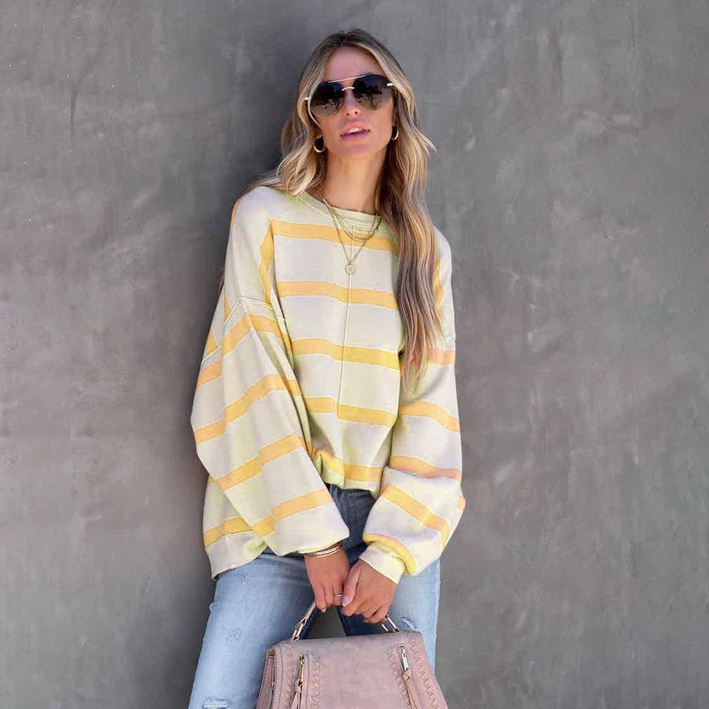 Women's Striped Long Sleeve Casual Loose Tops in Sizes S-2XL