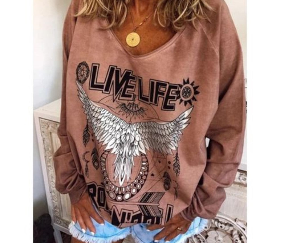 Casual Round Neck Long Sleeve Letter Wings T-Shirt up to 5XL