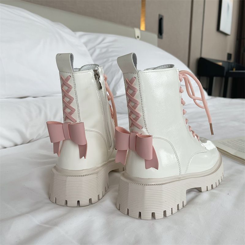 Pink Bow Patent Leather Martin Boots for Women