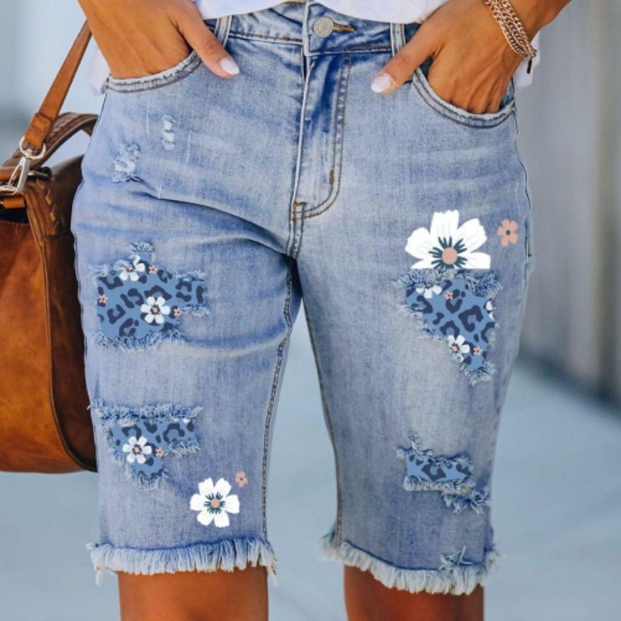 Ripped Print Denim Shorts for Women