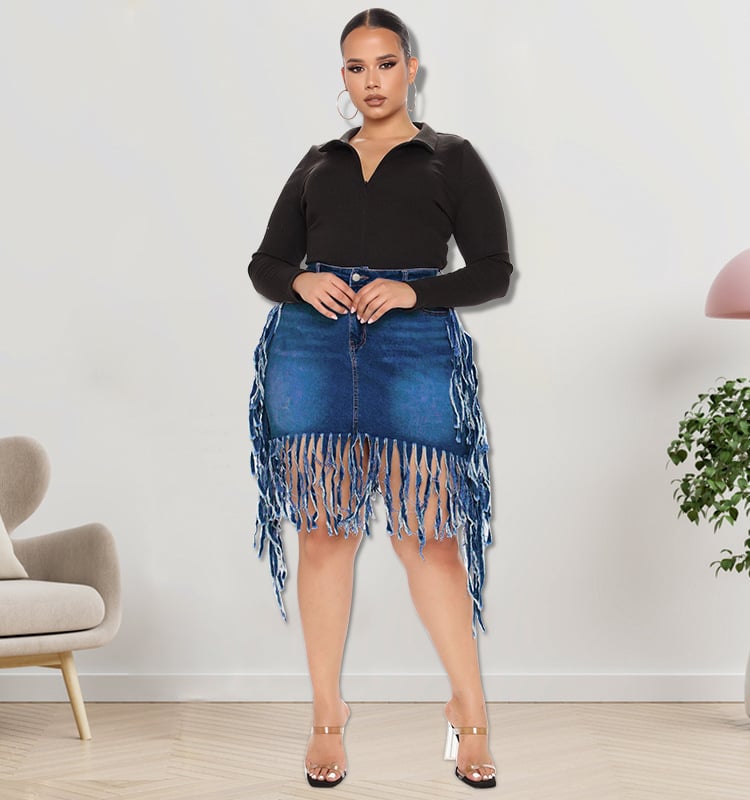 Fringed Plus-Size Denim Skirt for Women up to 5XL