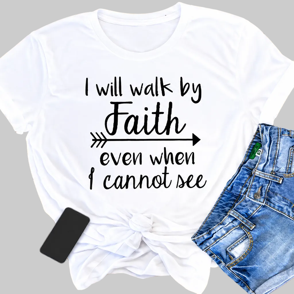 Women’s Walk By Faith Graphic Tee in White – Faith Quote and Arrow Graphic, Short Sleeves, Sizes S–3XL | The Pretty Pistol