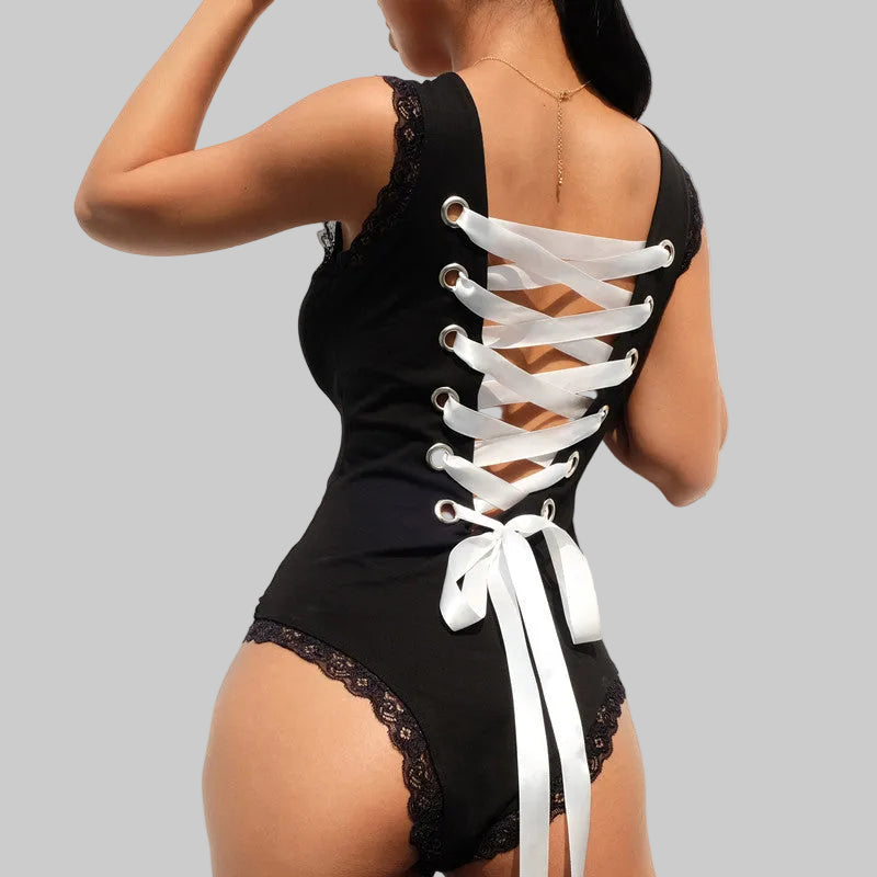  Women’s Wild Side Lace-Up Back Bodysuit in Black – Lace Trim, Square Neckline, Ribbon Back, Sizes S–L | The Pretty Pistol