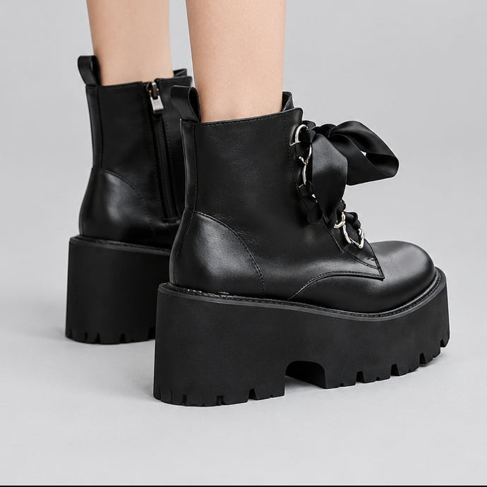 Women’s Ribbon-Lace Platform Ankle Boots in Black – Ribbon Bows, Silver-Tone Ring Eyelets, Chunky Lug Soles and Side Zips | The Pretty Pistol
