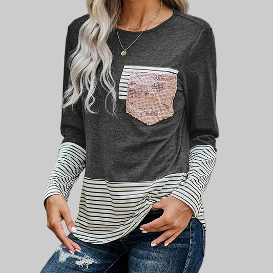 Women's Colorblock Long Sleeve Top in Gray, Camouflage Green & Orange – Stitched Panel Casual Tee, Sizes S-2XL | The Pretty Pistol⠋