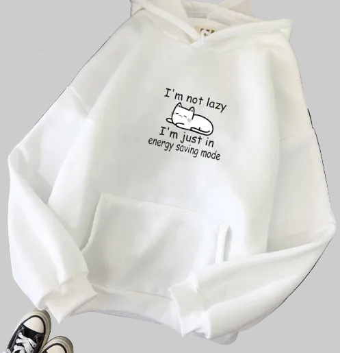 Women’s Energy Saving Mode Cat Graphic Hoodie in White – Relaxed Pullover, Sizes M–4XL | The Pretty Pistol