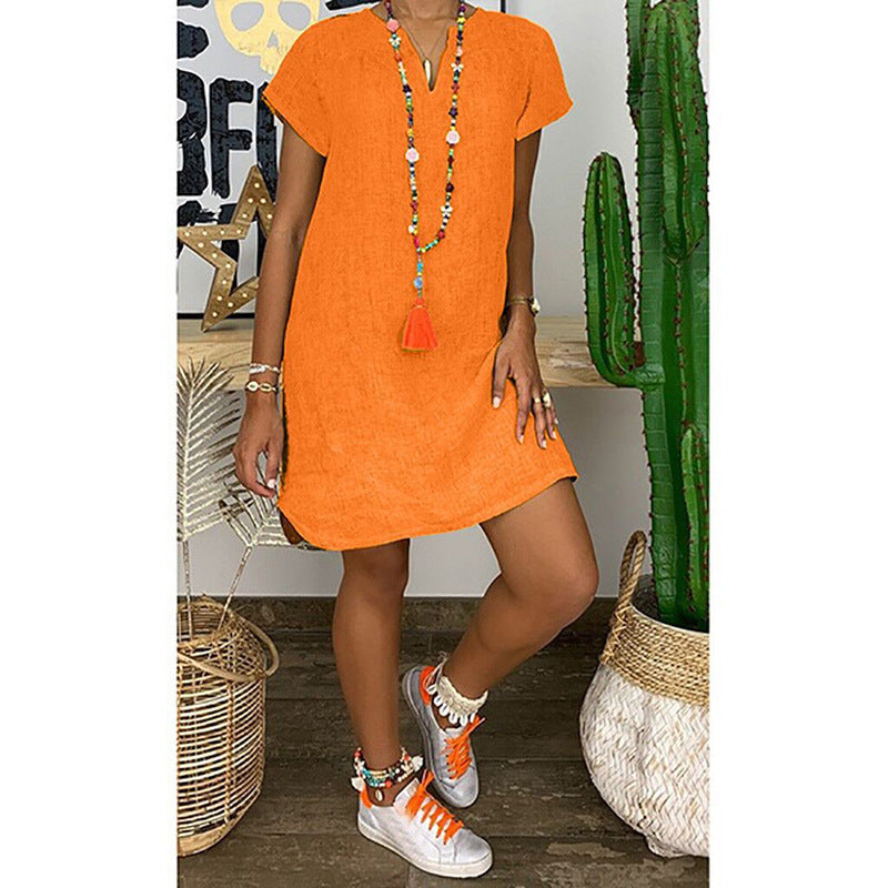 Casual V-Neck Cotton Linen Dress in Several Colors up to 5XL