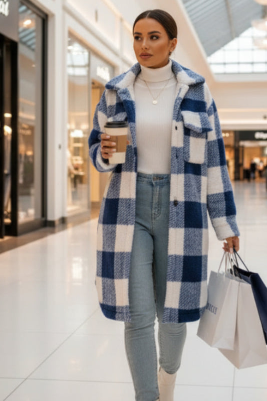 Long Plaid Fleece Jacket