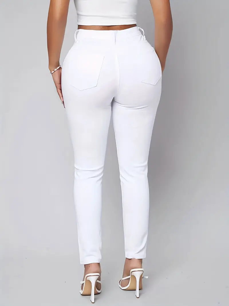 White Ripped Denim Pants with Slash Pockets for Women up to 2XL