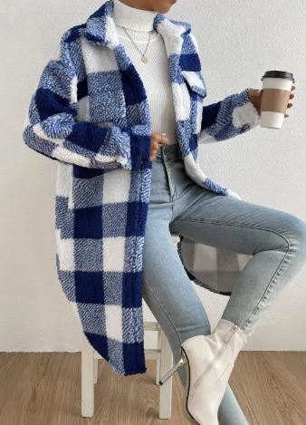 Women Long Plaid Fleece Jacket