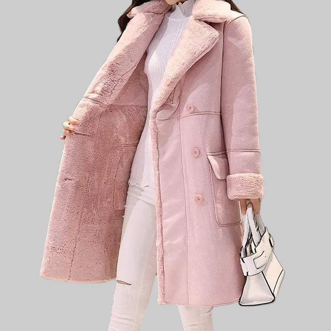 Women's Faux Shearling Lined Long Coat in Pink and Gray – Double-Breasted Suede-Look Winter Coat with Notched Lapel S-2XL | The Pretty Pistol