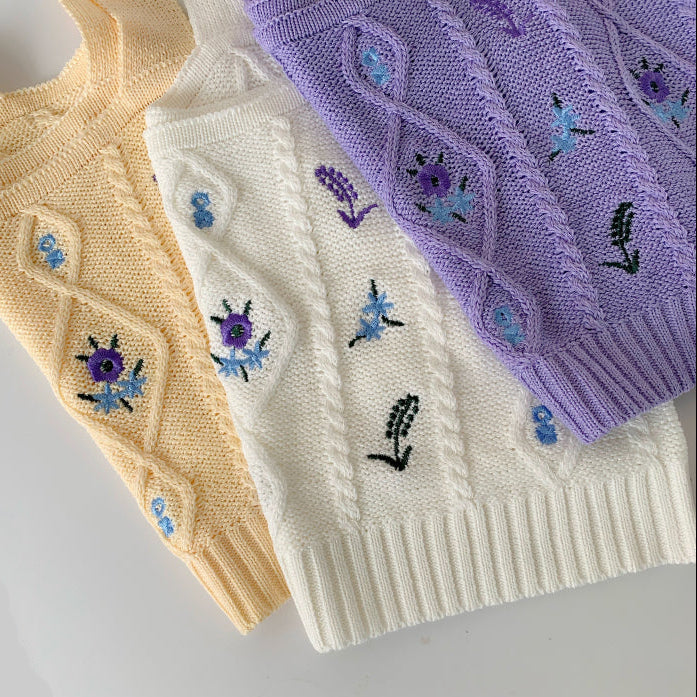 Women’s Floral Cable-Knit Tank in Purple White Yellow – Embroidered Flowers, Square Neckline, Cropped Hem, One Size | The Pretty Pistol