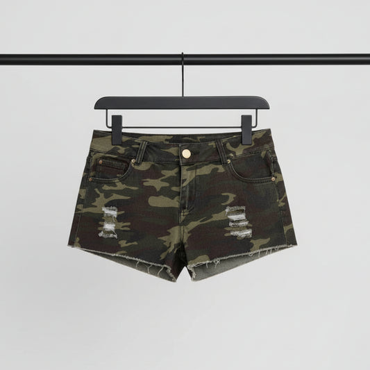 midrise dark camouflage print denim shorts with distressed thigh rips, raw frayed cutoff hem, and five-pocket styling | The Pretty Pistol