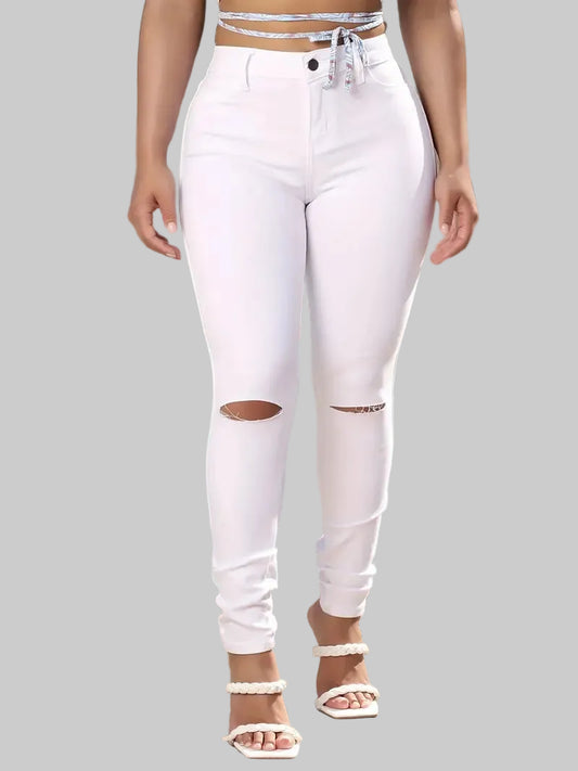 Women's high-waist white ripped skinny jeans with knee cut detail | The Pretty Pistol