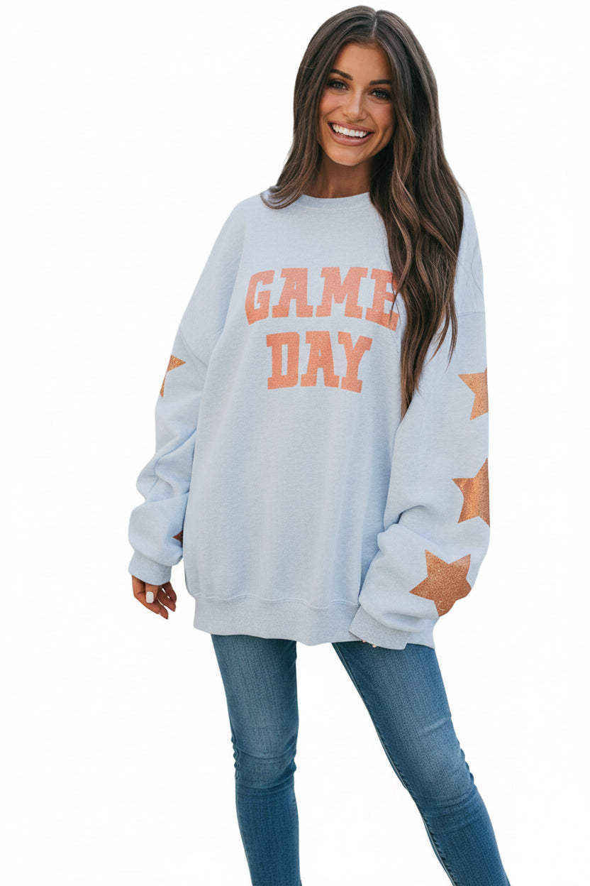 Game Day Graphic Sweatshirt in White with Star Sleeve Detail – Sizes S-XL | The Pretty Pistol