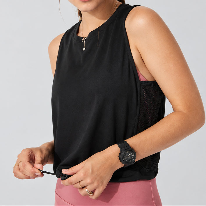 Women’s Open-Back Mesh Workout Tank in Black – Sleeveless, Mesh Side Panels, Drawstring Hem, Sizes S–L | The Pretty Pistol