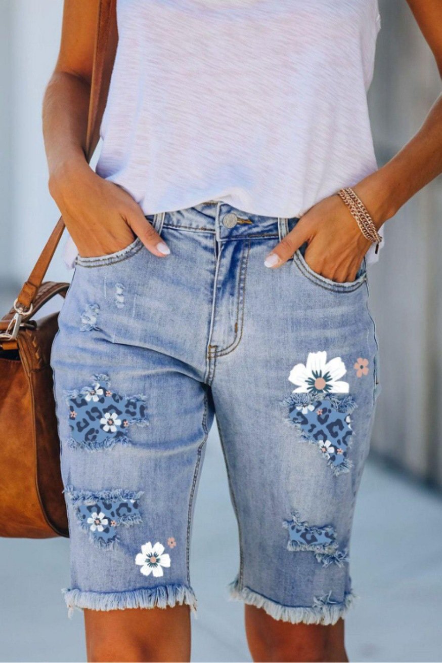 Ripped Print Denim Shorts for Women