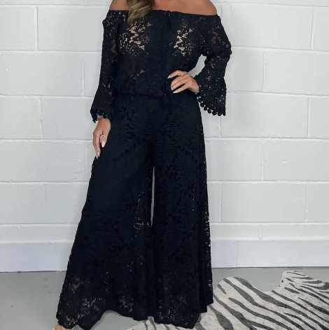 Off-Shoulder Floral Lace Blouse & Wide Leg Pants Set in Black – S-5XL | The Pretty Pistol