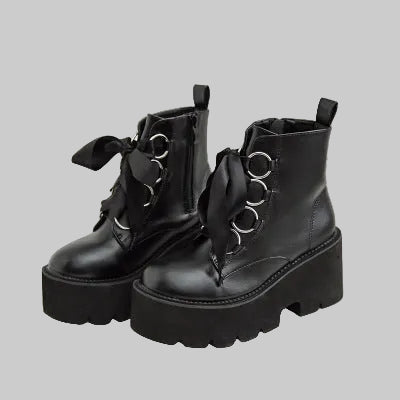Women’s Ribbon-Lace Platform Ankle Boots in Black – Ribbon Bows, Silver-Tone Ring Eyelets, Chunky Lug Soles and Side Zips | The Pretty Pistol