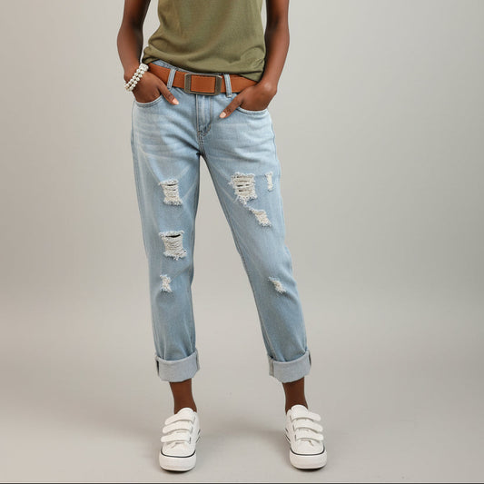 Distressed boyfriend crop jeans in light wash with ripped knee and thigh detail and rolled cuff hem | The Pretty Pistol