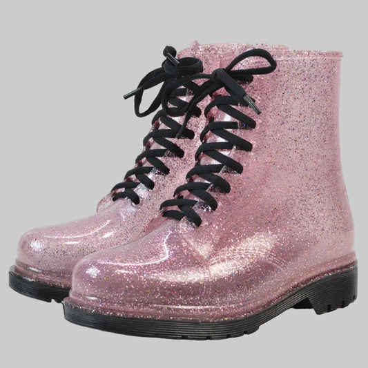 Lace-Up Jelly Rain Boots in Glitter Pink Transparent - PVC Waterproof Combat Lug Sole Flat Heel Sizes 4-10 | The Pretty Pistol