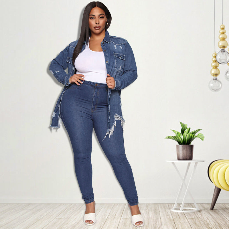 Ripped Wash Denim Button-up Long Sleeve Shirt for Women up to 5XL