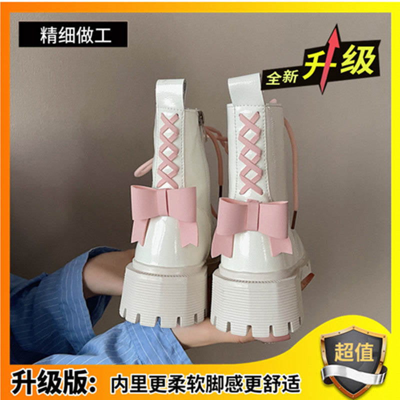 Pink Bow Patent Leather Martin Boots for Women