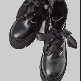 Women’s Ribbon-Lace Platform Ankle Boots in Black – Ribbon Bows, Silver-Tone Ring Eyelets, Chunky Lug Soles and Side Zips | The Pretty Pistol