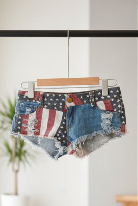 Low Waist Denim Red White and Blue Shorts for Women up to 3XL