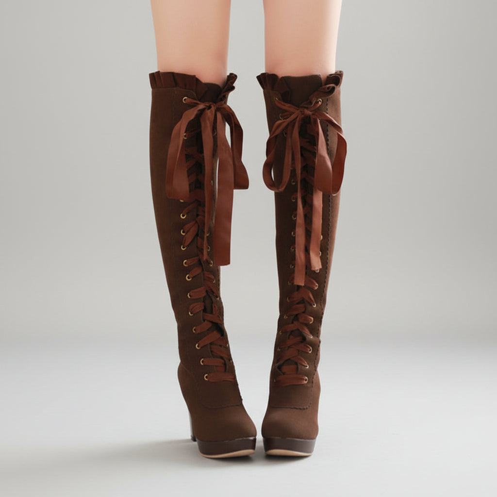 Velvet Suede Tall Lace-Up Boots Brown - Knee-High Ribbon Lace Gold Eyelets Ruffle Trim Chunky Block Heel Platform Sizes 4-13 | The Pretty Pistol