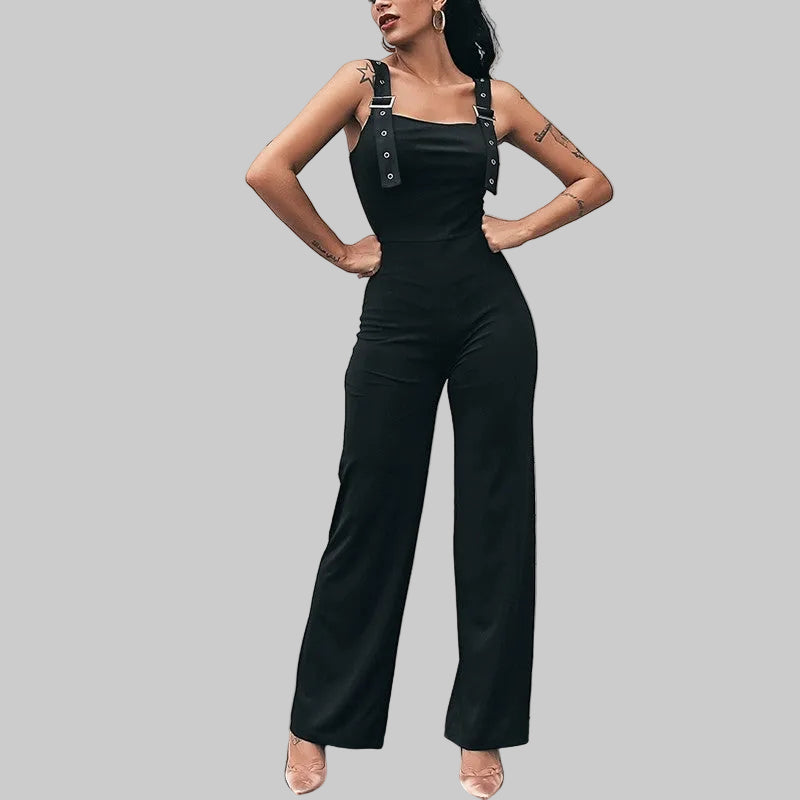 Straight-Leg Jumpsuit in Black – Silver Eyelets and Buckle Detail, Solid Color, Sizes S-L | The Pretty Pistol