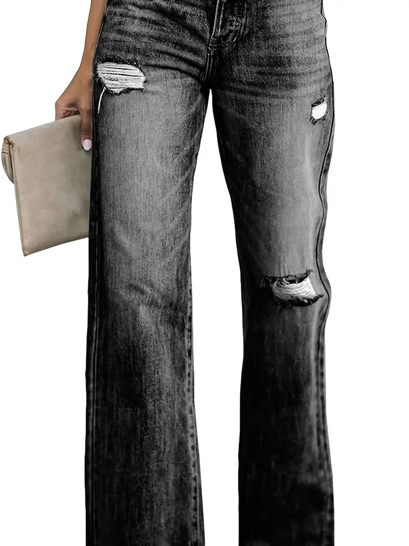 High Waist Ripped Straight Flared Denim Jeans for Women up to 2XL