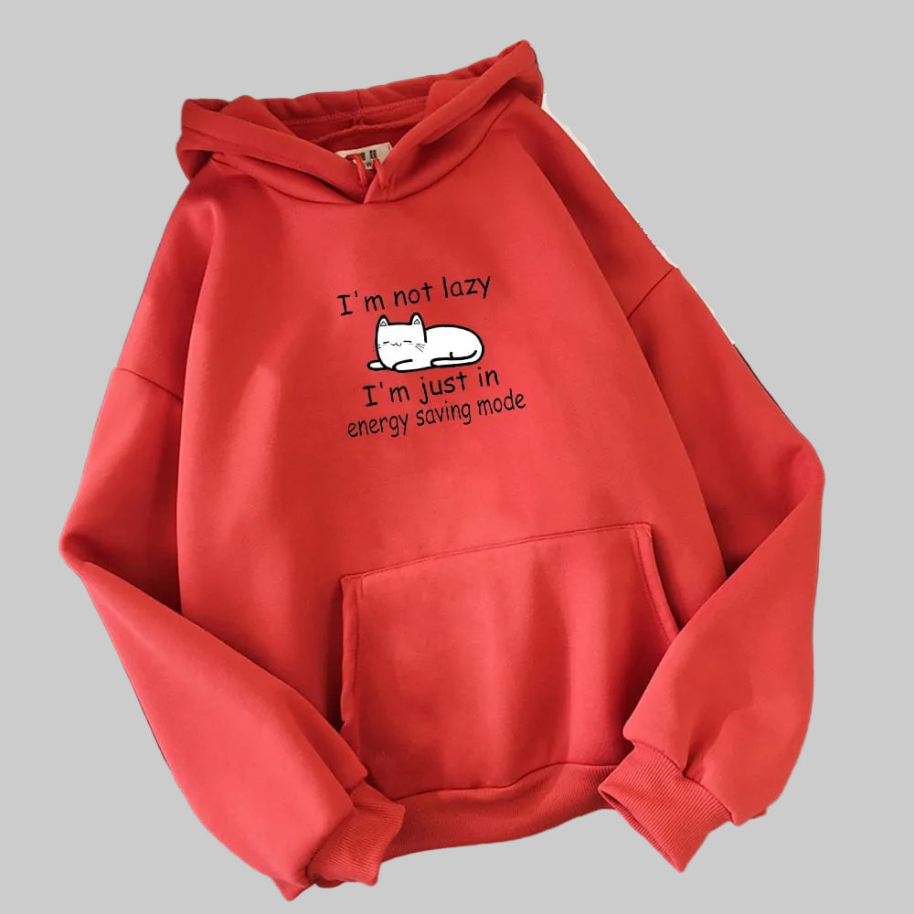 Women’s Energy Saving Mode Cat Graphic Hoodie in Red – Relaxed Pullover, Sizes M–4XL | The Pretty Pistol