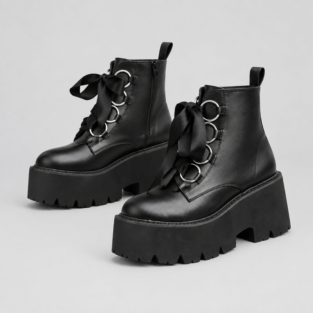 Women’s Ribbon-Lace Platform Ankle Boots in Black – Ribbon Bows, Silver-Tone Ring Eyelets, Chunky Lug Soles and Side Zips | The Pretty Pistol