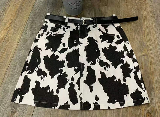Cow Print High Waist Denim Skirt for Women