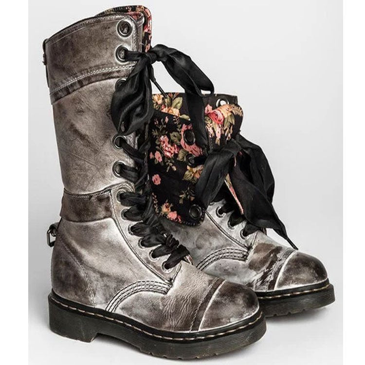 Vintage Round Toe Flat  Boots with Lace-Up Design