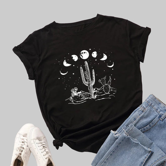 Moon Phase Cactus Graphic Tee in Black - Boho Desert Print Loose Fit S-5XL | The Pretty Pistol