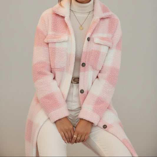 Women's Long Plaid Fleece Shacket in Pink and White - Button Front Chest Pockets Relaxed Fit Sizes S-XL | The Pretty Pistol
