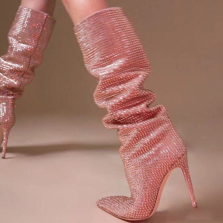 Rhinestone Pointed Toe Stiletto Tall Boots for Women