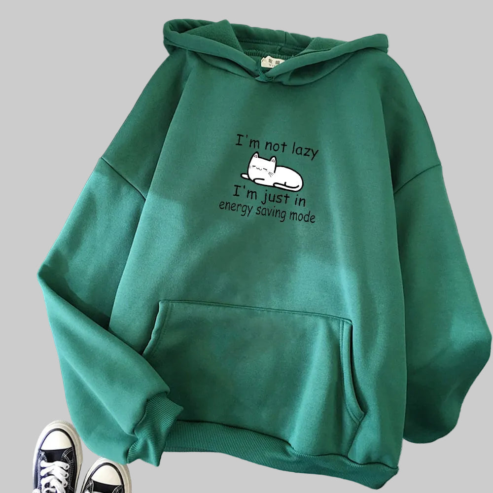 Women’s Energy Saving Mode Cat Graphic Hoodie in Green – Relaxed Pullover, Sizes M–4XL | The Pretty Pistol