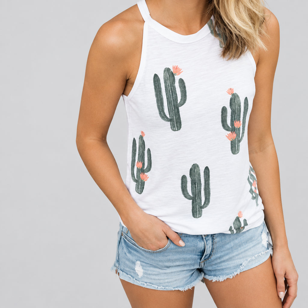Women’s Cactus Print Tank Top in White – Green Cactus Graphics with Pink Flower Accents, Sleeveless High Neck, Sizes S–XL | The Pretty Pistol