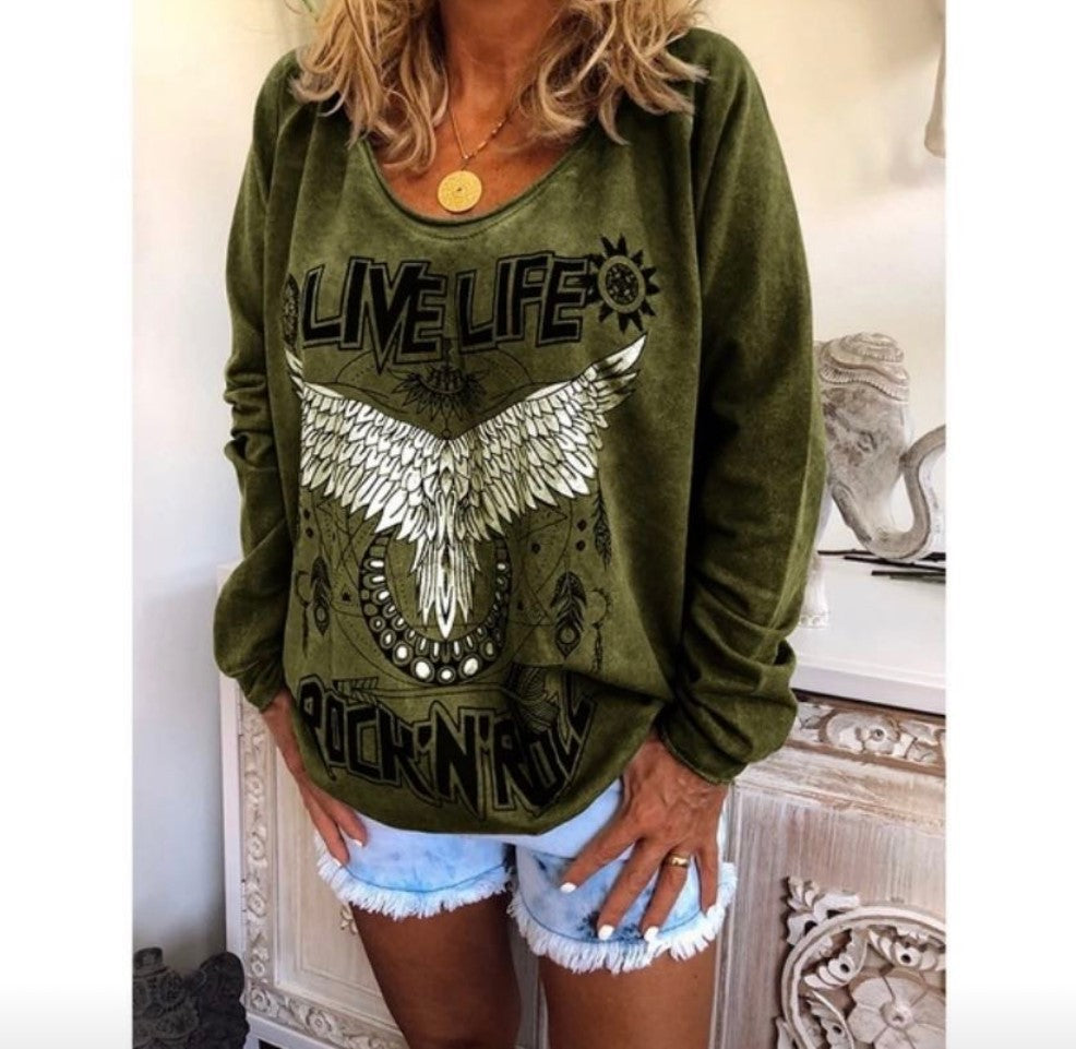 Casual Round Neck Long Sleeve Letter Wings T-Shirt up to 5XL