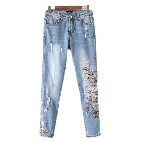 Spring Floral Embroidery High-Waisted Distressed Jeans