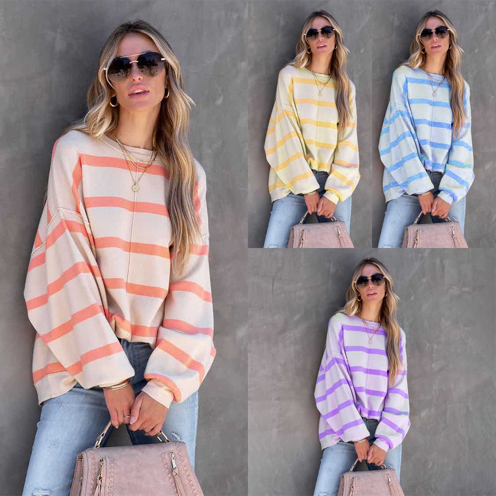 Women's Striped Long Sleeve Casual Loose Tops in Sizes S-2XL