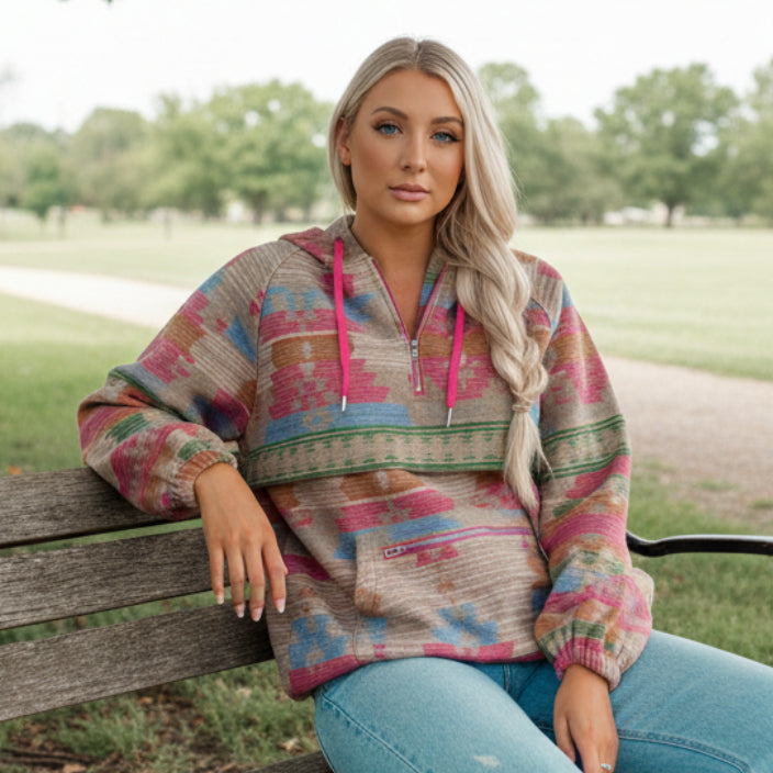 Aztec Print Zip-Up Hoodie for Women in Pink Brown Beige Turquoise Sizes S-2XL | The Pretty Pistol